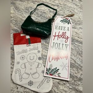 Holly Jolly Christmas Green Handbag with Holiday Stocking and Sign Bundle NWOT